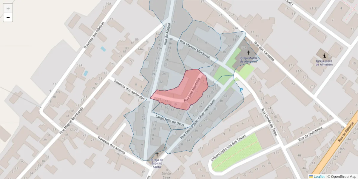 Mapa detalhado do código postal 2080-150 com limites, códigos postais vizinhos e agências dos correios