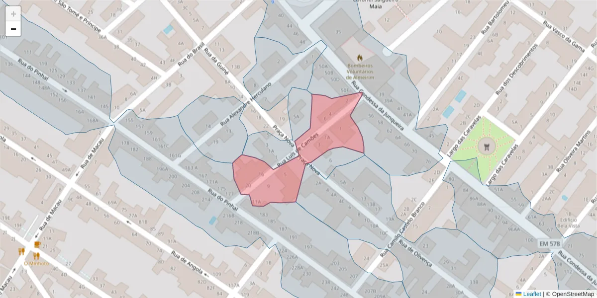 Mapa detalhado do código postal 2080-152 com limites, códigos postais vizinhos e agências dos correios
