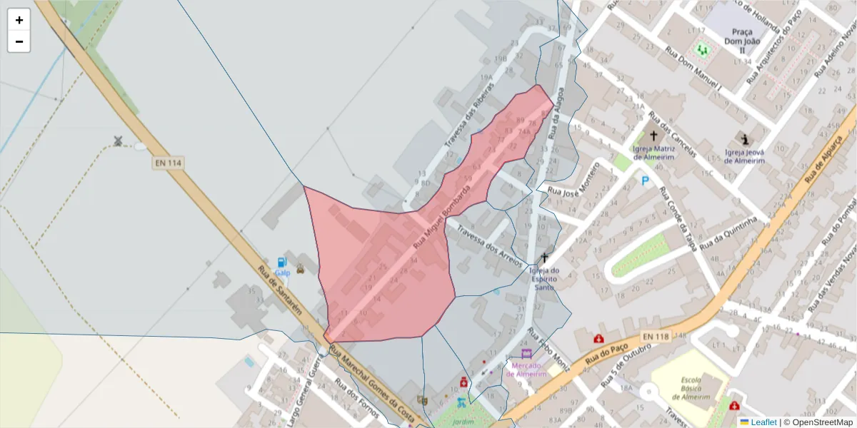 Mapa detalhado do código postal 2080-157 com limites, códigos postais vizinhos e agências dos correios