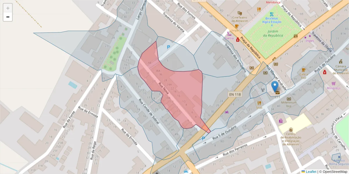 Mapa detalhado do código postal 2080-159 com limites, códigos postais vizinhos e agências dos correios