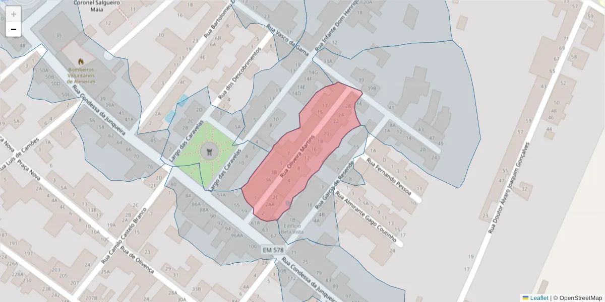 Mapa detalhado do código postal 2080-161 com limites, códigos postais vizinhos e agências dos correios