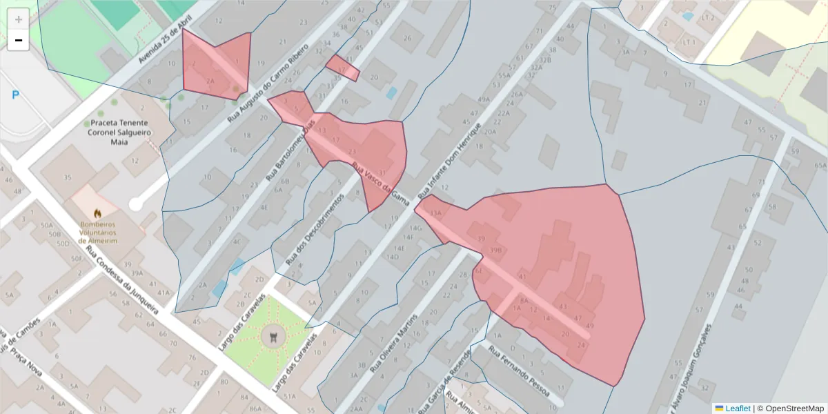 Mapa detalhado do código postal 2080-165 com limites, códigos postais vizinhos e agências dos correios