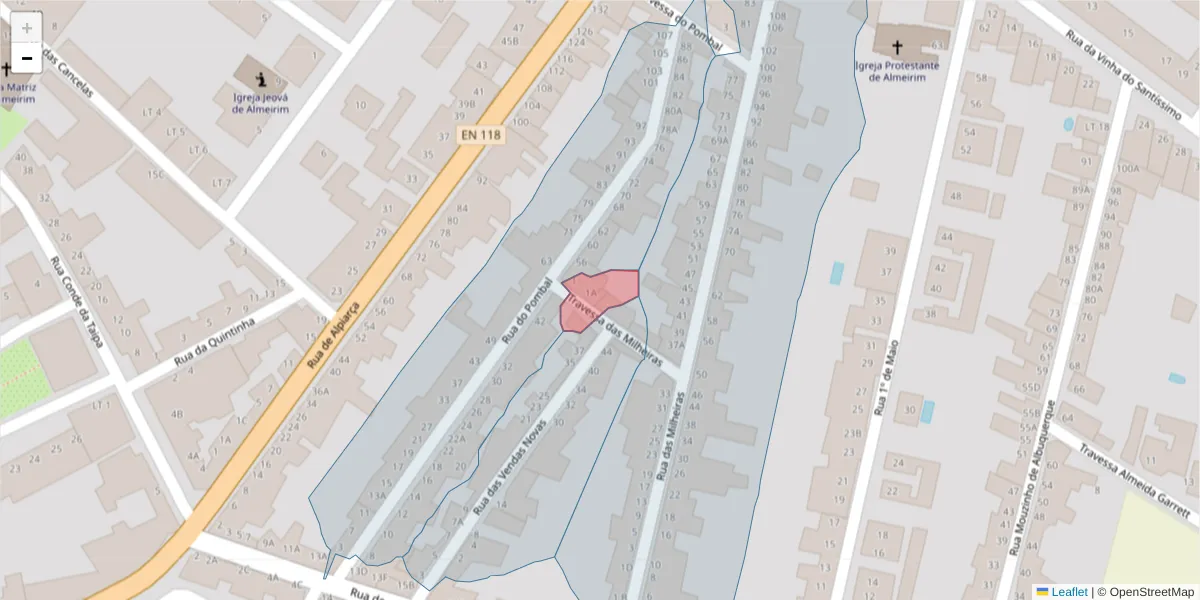 Mapa detalhado do código postal 2080-171 com limites, códigos postais vizinhos e agências dos correios