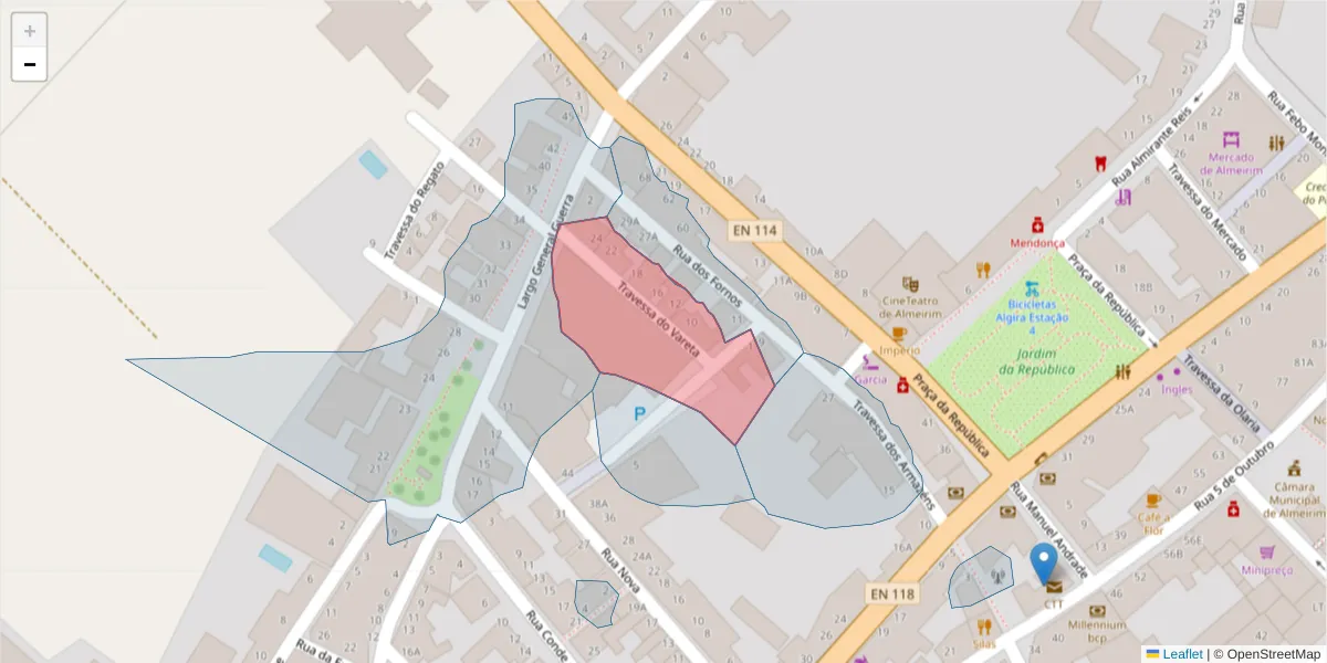 Mapa detalhado do código postal 2080-184 com limites, códigos postais vizinhos e agências dos correios