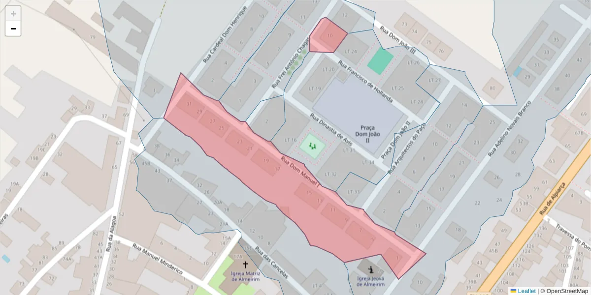 Mapa detalhado do código postal 2080-190 com limites, códigos postais vizinhos e agências dos correios