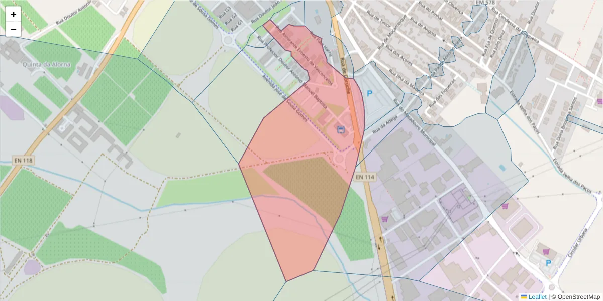 Mapa detalhado do código postal 2080-197 com limites, códigos postais vizinhos e agências dos correios