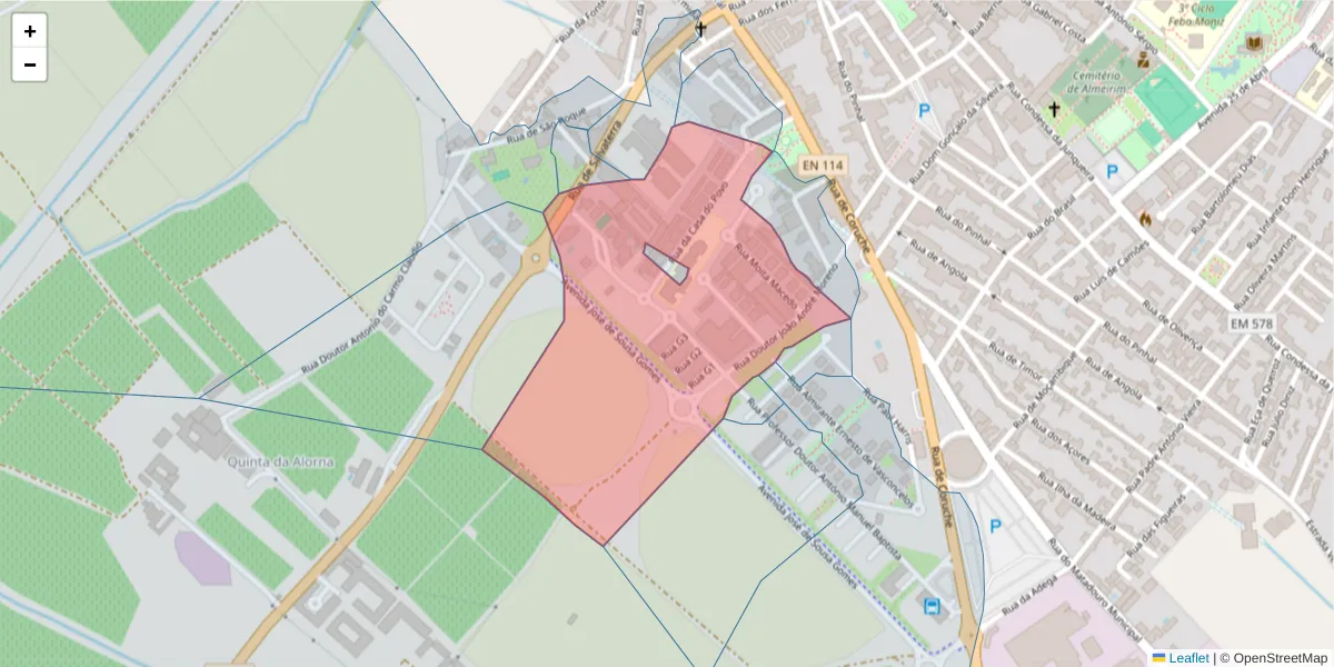 Mapa detalhado do código postal 2080-222 com limites, códigos postais vizinhos e agências dos correios