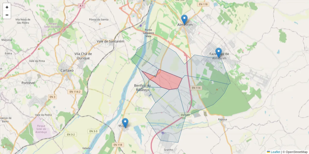 Mapa detalhado do código postal 2080-321 com limites, códigos postais vizinhos e agências dos correios