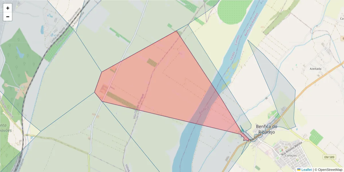 Mapa detalhado do código postal 2080-322 com limites, códigos postais vizinhos e agências dos correios