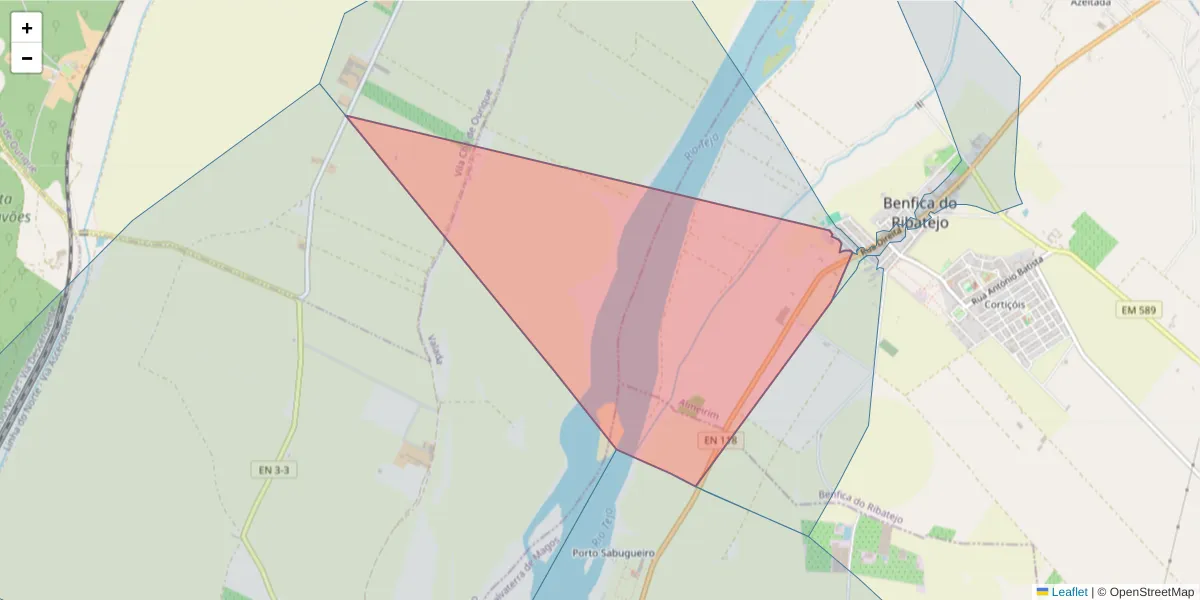 Mapa detalhado do código postal 2080-330 com limites, códigos postais vizinhos e agências dos correios
