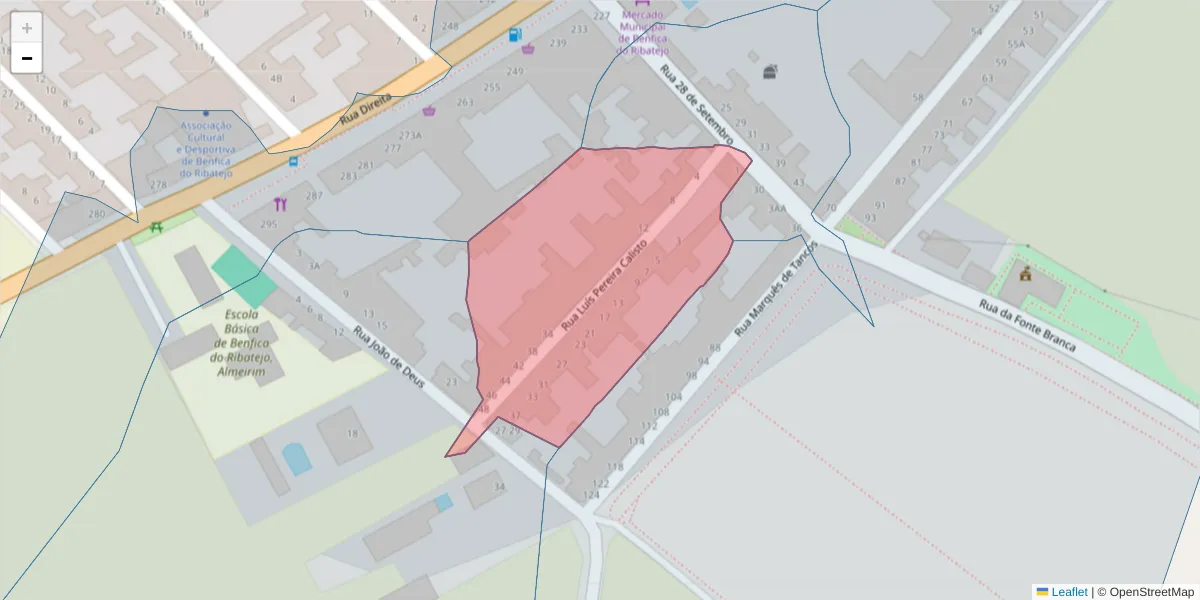 Mapa detalhado do código postal 2080-340 com limites, códigos postais vizinhos e agências dos correios