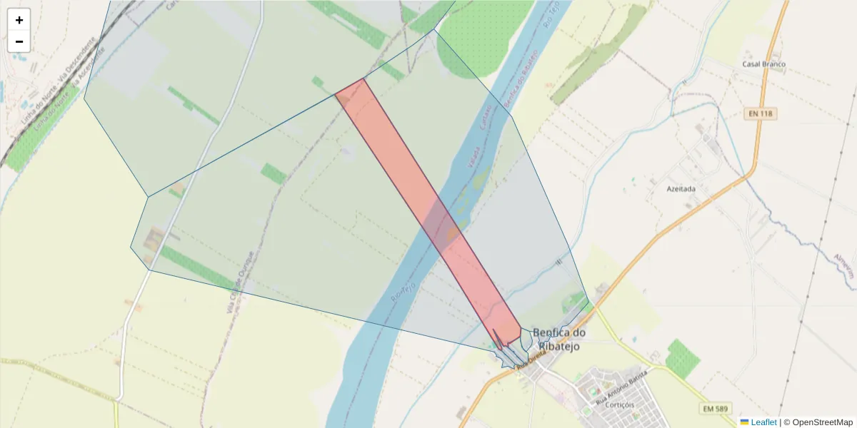 Mapa detalhado do código postal 2080-343 com limites, códigos postais vizinhos e agências dos correios