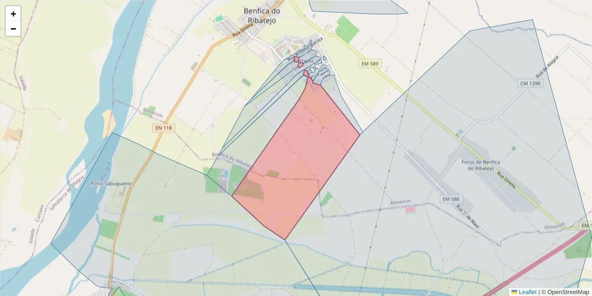 Mapa detalhado do código postal 2080-385 com limites, códigos postais vizinhos e agências dos correios