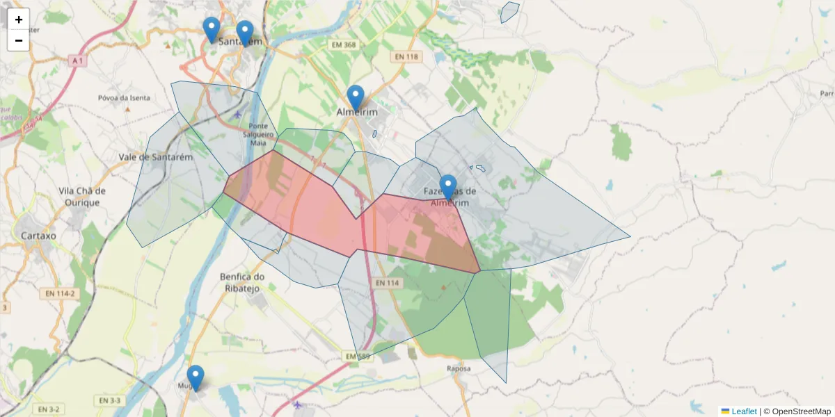 Mapa detalhado do código postal 2080-511 com limites, códigos postais vizinhos e agências dos correios