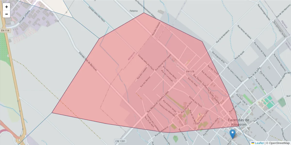 Mapa detalhado do código postal 2080-588 com limites, códigos postais vizinhos e agências dos correios