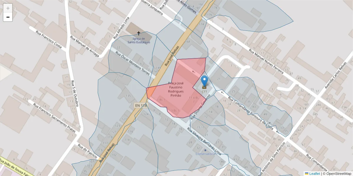 Mapa detalhado do código postal 2090-038 com limites, códigos postais vizinhos e agências dos correios