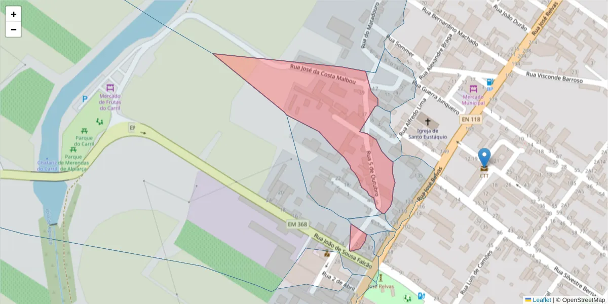 Mapa detalhado do código postal 2090-041 com limites, códigos postais vizinhos e agências dos correios