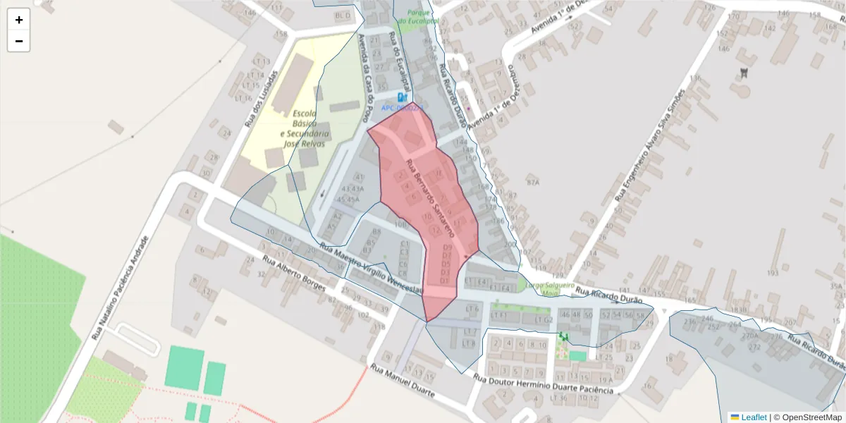 Mapa detalhado do código postal 2090-052 com limites, códigos postais vizinhos e agências dos correios