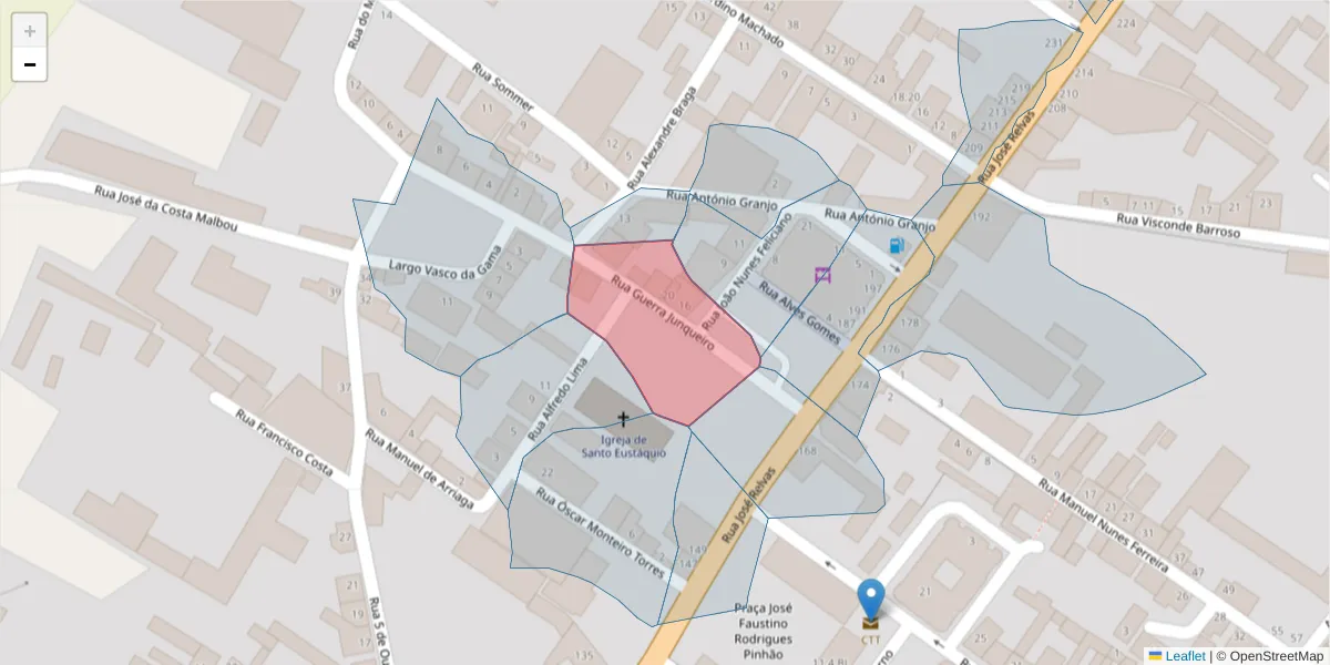 Mapa detalhado do código postal 2090-086 com limites, códigos postais vizinhos e agências dos correios