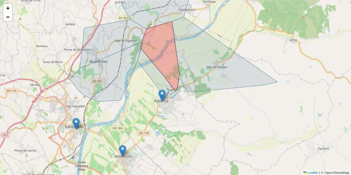 Mapa detalhado do código postal 2090-107 com limites, códigos postais vizinhos e agências dos correios