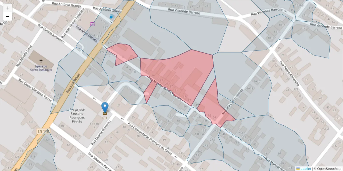 Mapa detalhado do código postal 2090-112 com limites, códigos postais vizinhos e agências dos correios