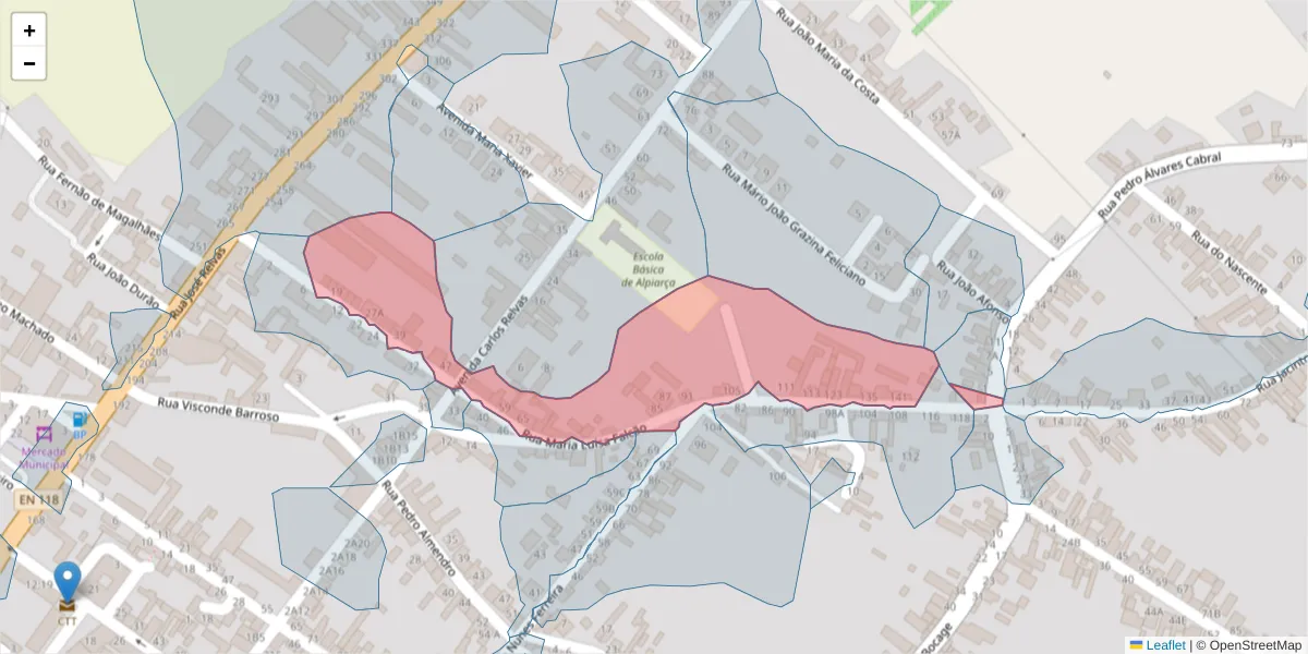 Mapa detalhado do código postal 2090-127 com limites, códigos postais vizinhos e agências dos correios