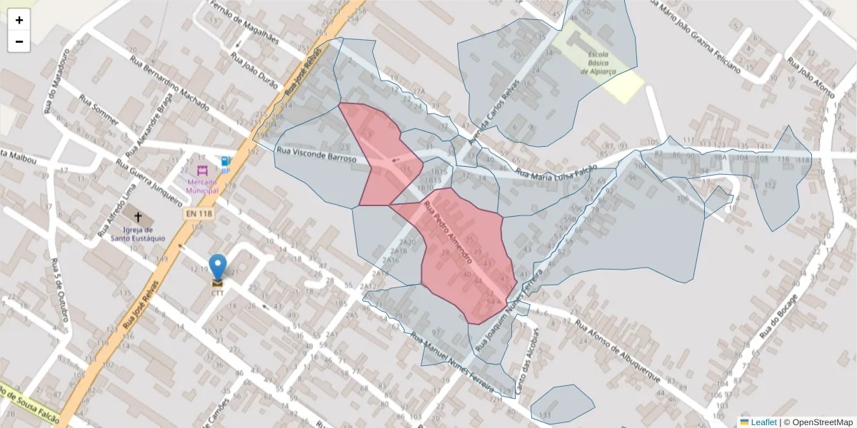 Mapa detalhado do código postal 2090-131 com limites, códigos postais vizinhos e agências dos correios