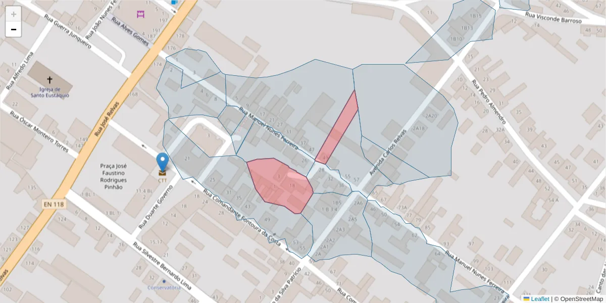 Mapa detalhado do código postal 2090-156 com limites, códigos postais vizinhos e agências dos correios