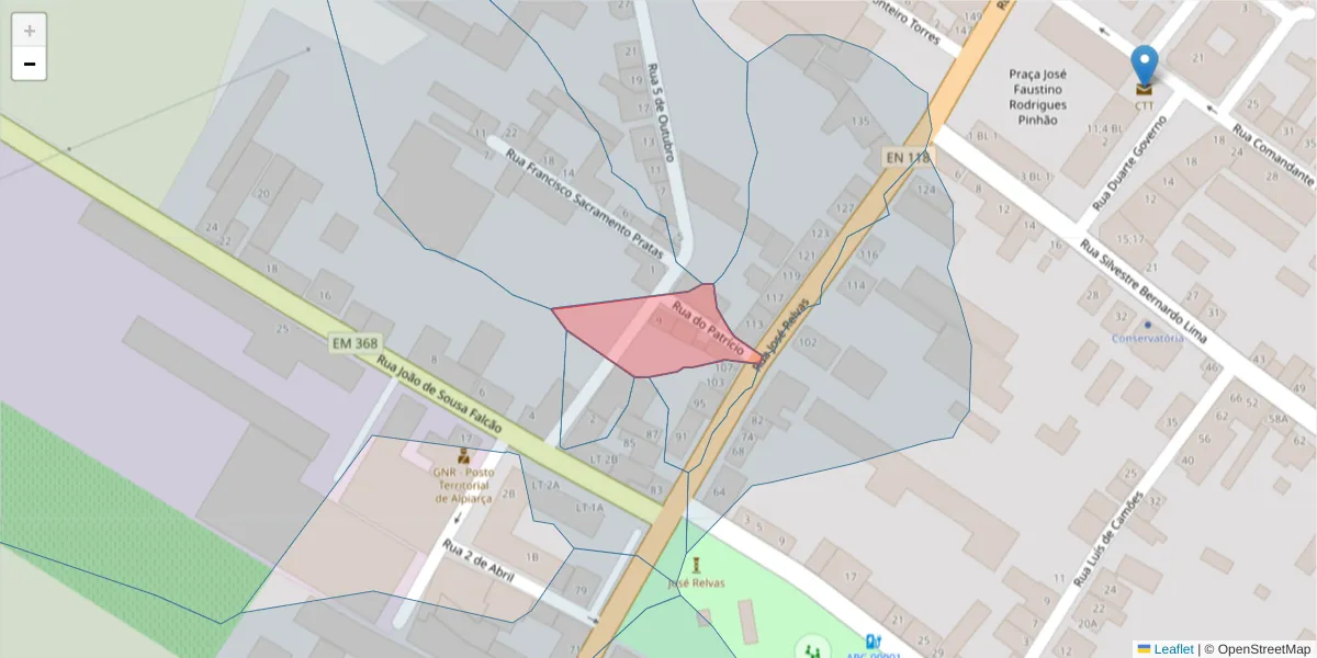 Mapa detalhado do código postal 2090-168 com limites, códigos postais vizinhos e agências dos correios