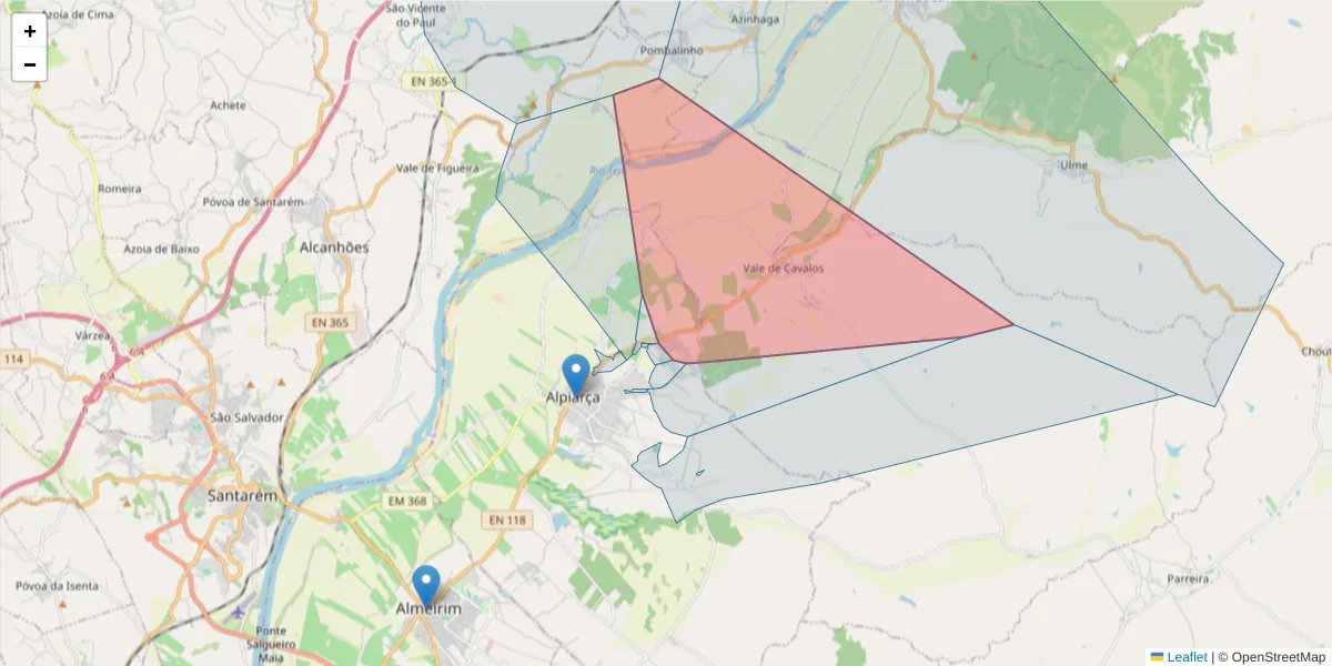 Mapa detalhado do código postal 2090-170 com limites, códigos postais vizinhos e agências dos correios
