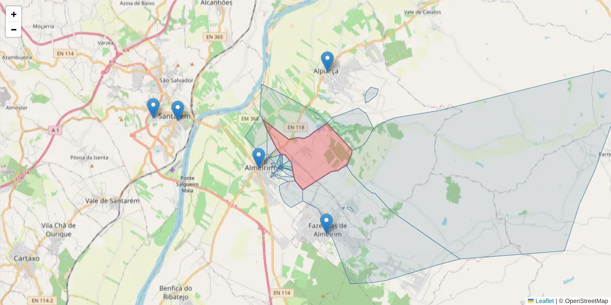 Mapa detalhado do código postal 2090-216 com limites, códigos postais vizinhos e agências dos correios