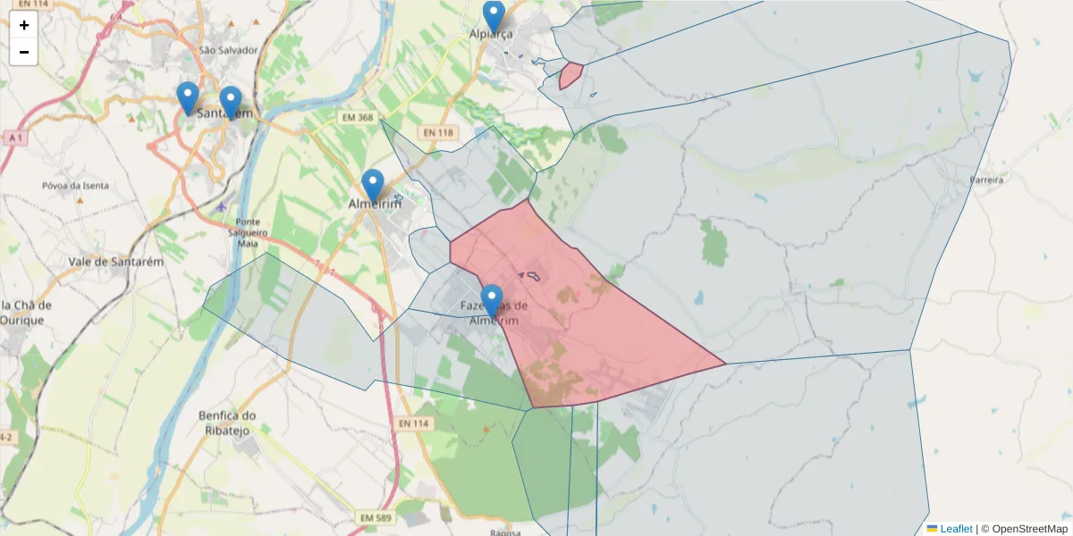 Mapa detalhado do código postal 2090-217 com limites, códigos postais vizinhos e agências dos correios