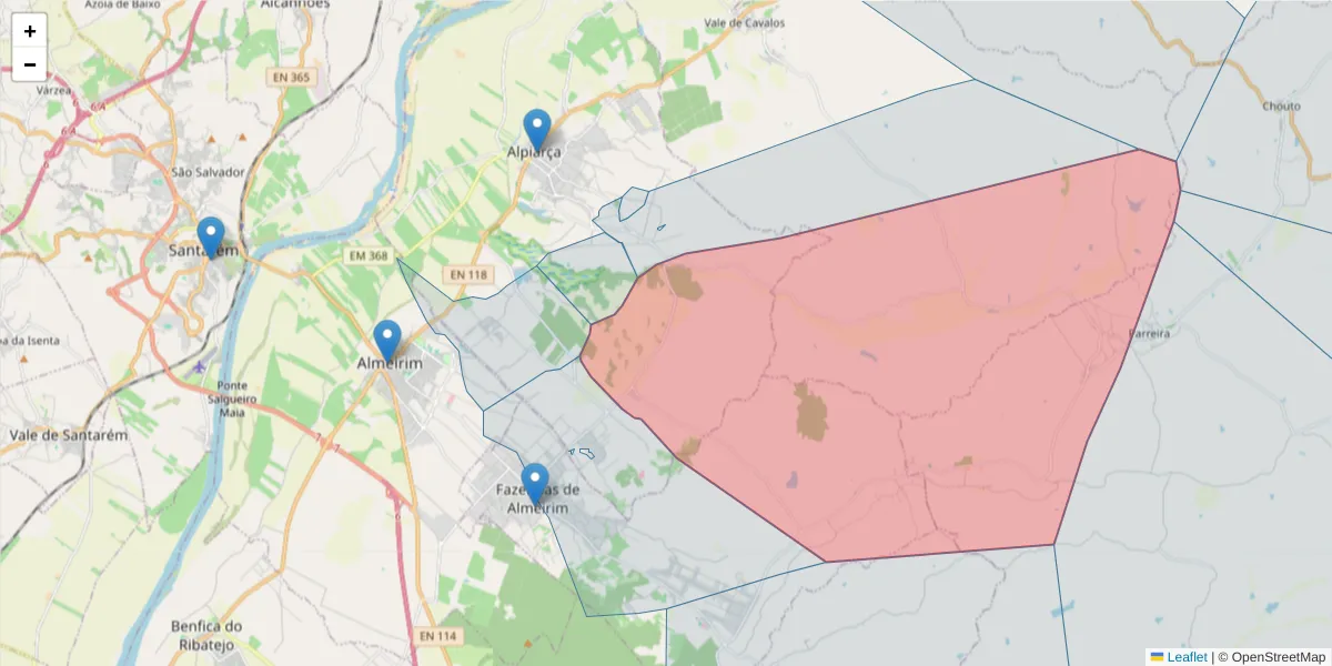Mapa detalhado do código postal 2090-218 com limites, códigos postais vizinhos e agências dos correios