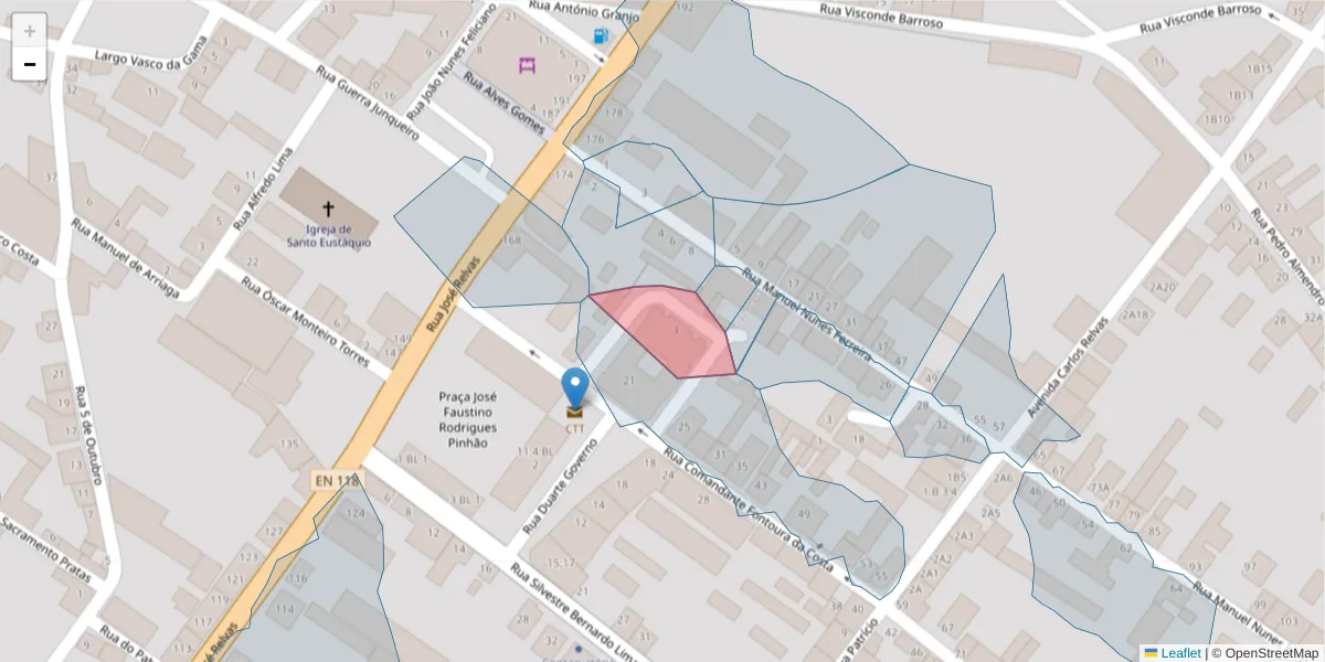 Mapa detalhado do código postal 2090-314 com limites, códigos postais vizinhos e agências dos correios