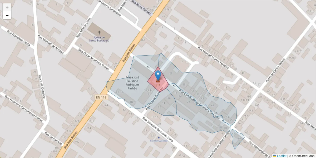 Mapa detalhado do código postal 2090-999 com limites, códigos postais vizinhos e agências dos correios