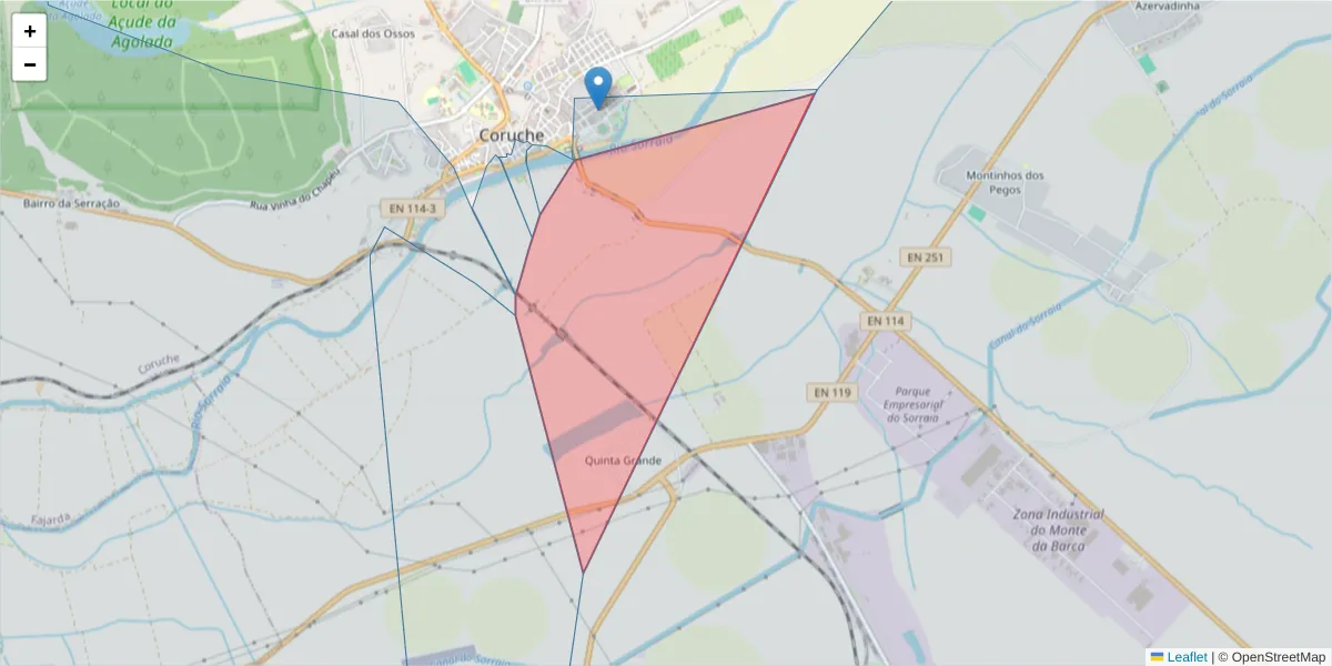 Mapa detalhado do código postal 2100-106 com limites, códigos postais vizinhos e agências dos correios