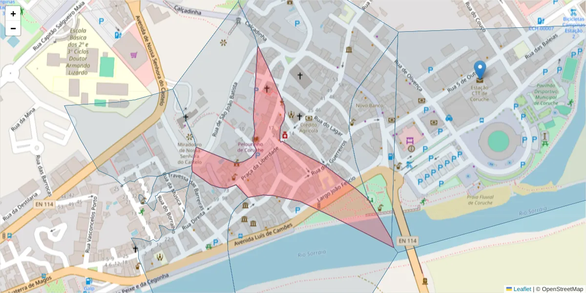 Mapa detalhado do código postal 2100-121 com limites, códigos postais vizinhos e agências dos correios