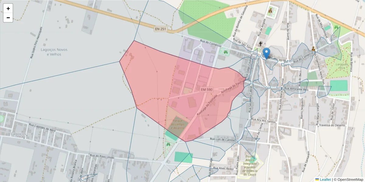Mapa detalhado do código postal 2100-305 com limites, códigos postais vizinhos e agências dos correios