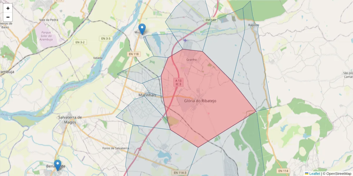 Mapa detalhado do código postal 2125-125 com limites, códigos postais vizinhos e agências dos correios