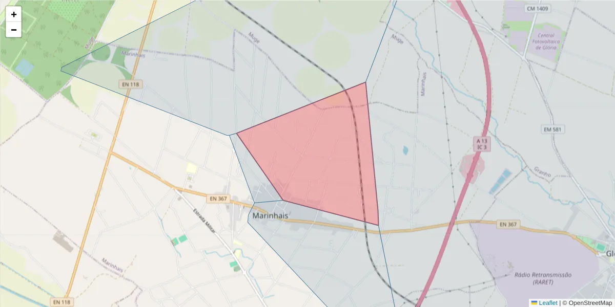 Mapa detalhado do código postal 2125-152 com limites, códigos postais vizinhos e agências dos correios