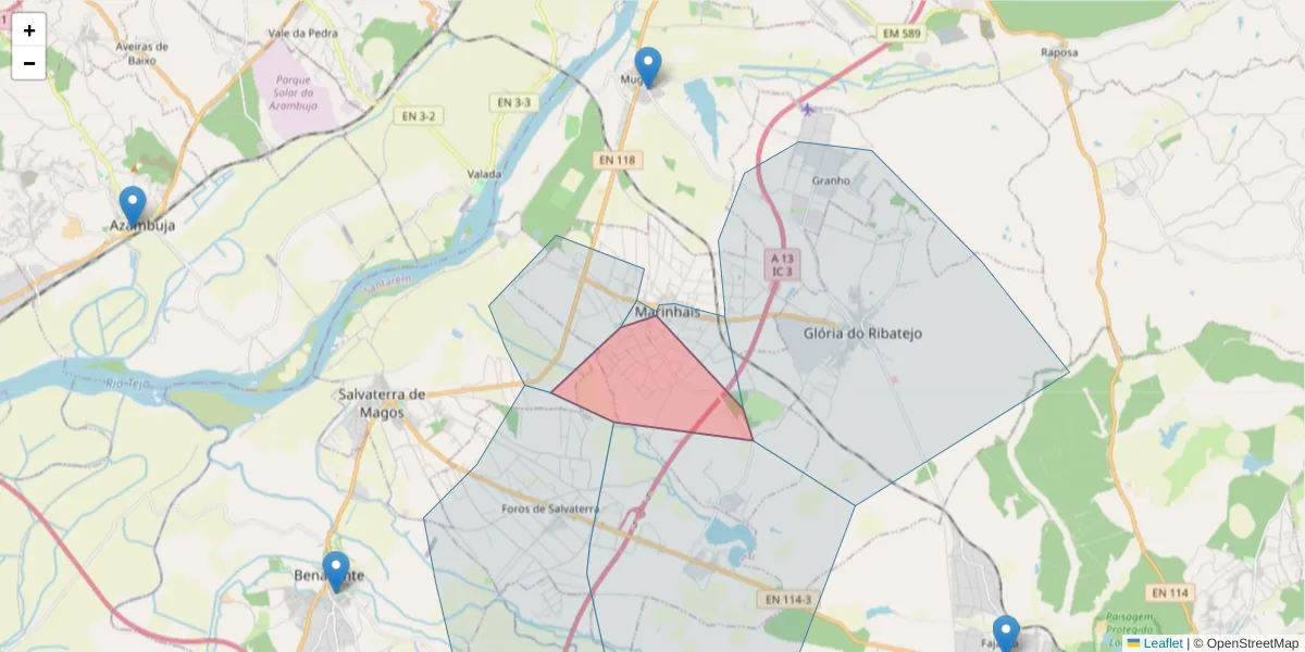 Mapa detalhado do código postal 2125-153 com limites, códigos postais vizinhos e agências dos correios