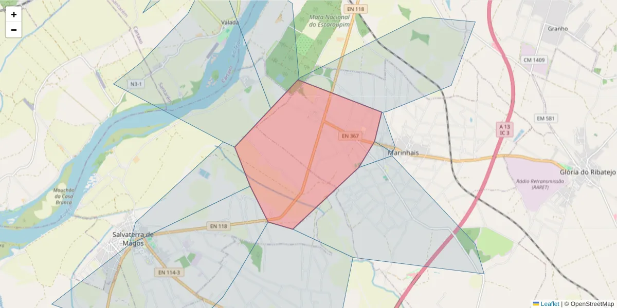 Mapa detalhado do código postal 2125-222 com limites, códigos postais vizinhos e agências dos correios