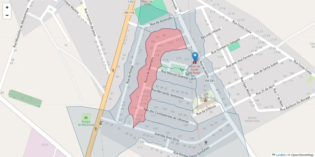 Mapa detalhado do código postal 2125-327 com limites, códigos postais vizinhos e agências dos correios