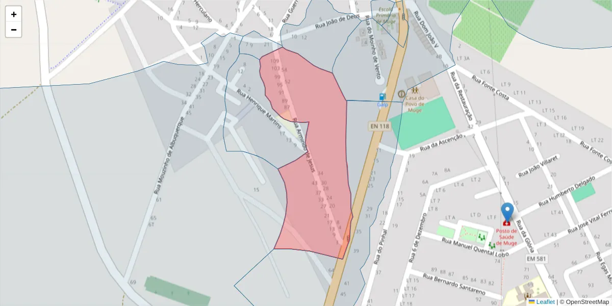 Mapa detalhado do código postal 2125-333 com limites, códigos postais vizinhos e agências dos correios