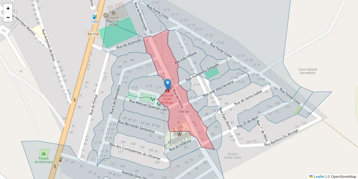 Mapa detalhado do código postal 2125-339 com limites, códigos postais vizinhos e agências dos correios