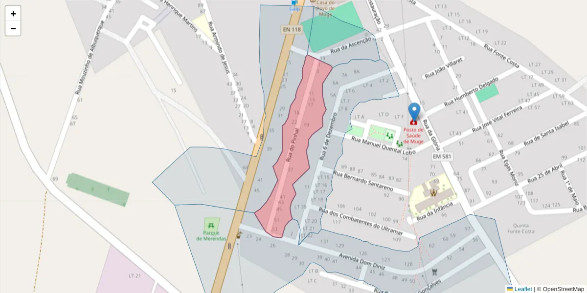 Mapa detalhado do código postal 2125-343 com limites, códigos postais vizinhos e agências dos correios