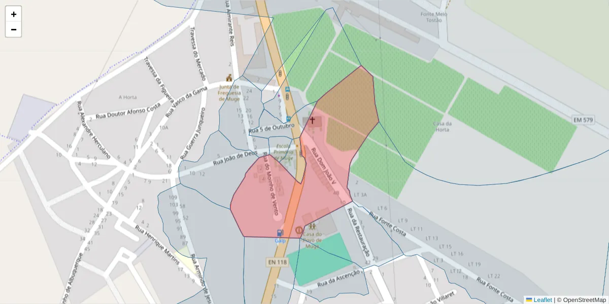 Mapa detalhado do código postal 2125-345 com limites, códigos postais vizinhos e agências dos correios