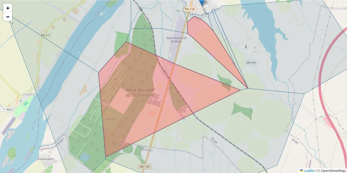 Mapa detalhado do código postal 2125-347 com limites, códigos postais vizinhos e agências dos correios