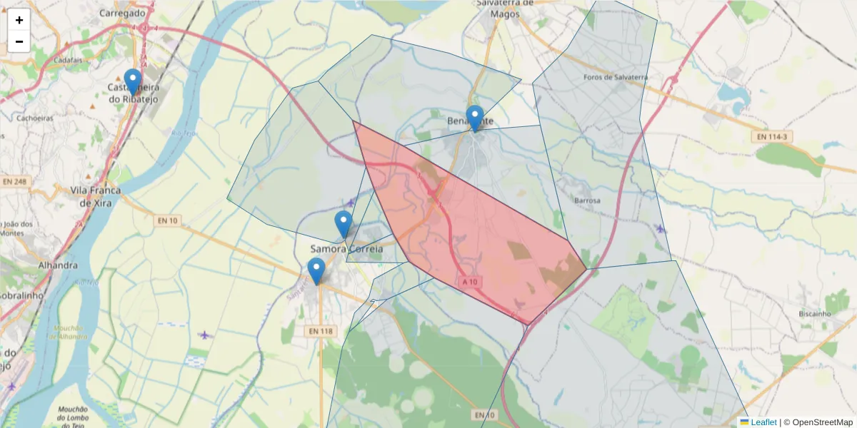 Mapa detalhado do código postal 2130-111 com limites, códigos postais vizinhos e agências dos correios