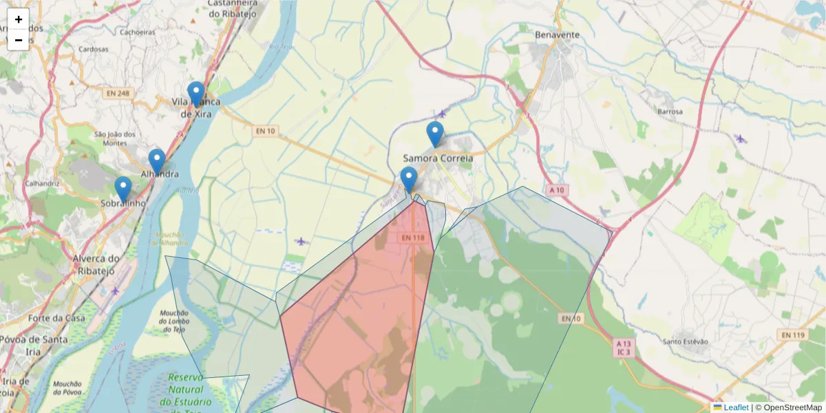 Mapa detalhado do código postal 2135-015 com limites, códigos postais vizinhos e agências dos correios